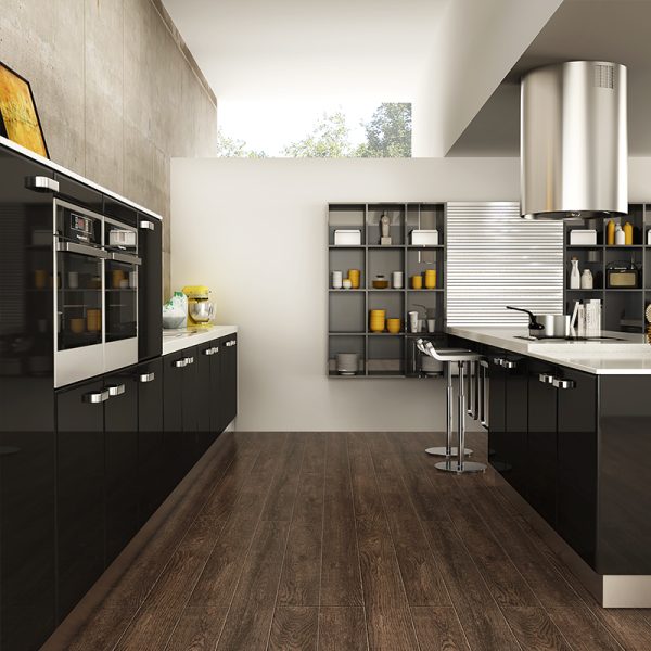OP15-L15: Contemporary Black Lacquer Kitchen Cabinet