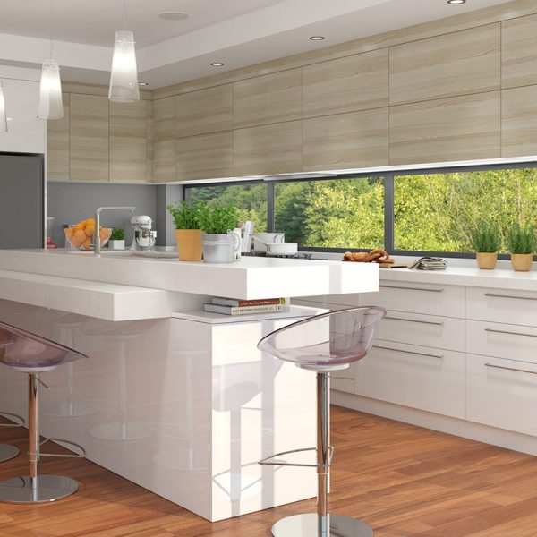 OP17-L15: White and Wood Grain L-shaped Kitchen