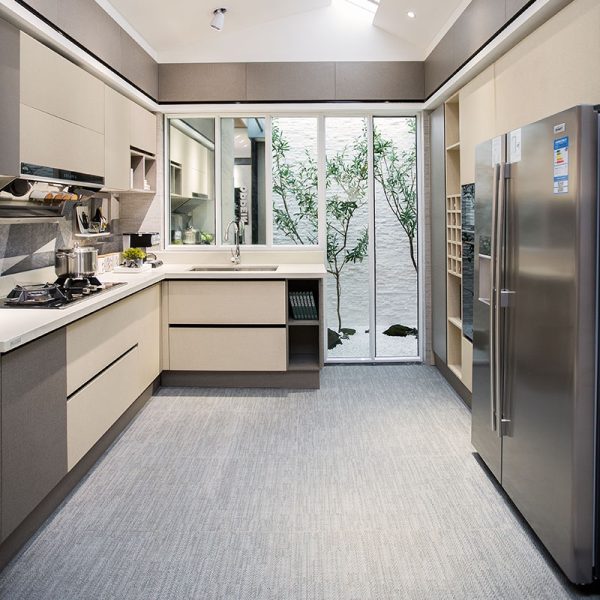 Grey and Yellow Melamine L Shape Kitchen Cabinet PLCC17084