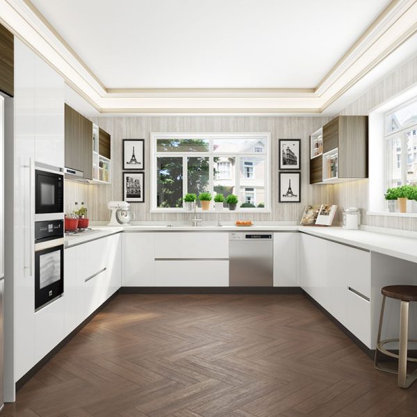 Large U-Shaped White Laminate Kitchen OP18-HPL04