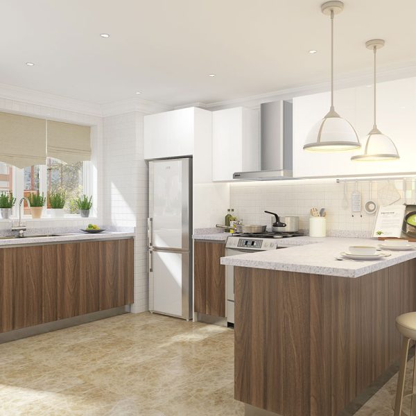 U-Shaped White & Wood Grain Laminate Kitchen OP18-HPL05