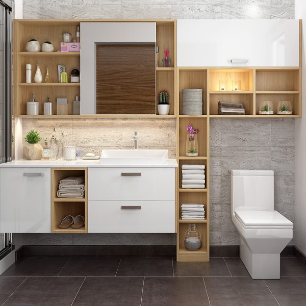 White and Wood Grain Bathroom Mirrored Medicine Cabinet BC17-HPL01