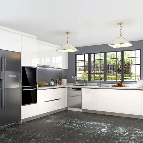 L-Shaped White Laminate Kitchen Cabinet OP18-HPL03