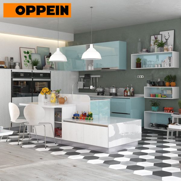 Blue UV Lacquer and White Wood Grain Melamine Kitchen OP17-M04